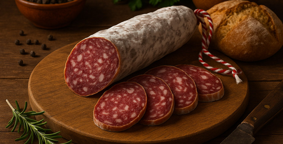 Salchichón ibérico de bellota cortado en rodajas sobre tabla de madera