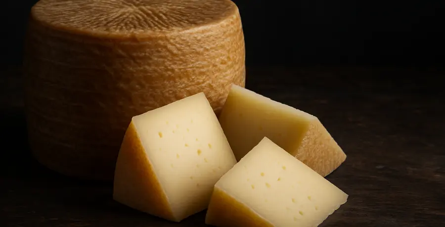 Queso de oveja curado con porciones cortadas sobre mesa de madera