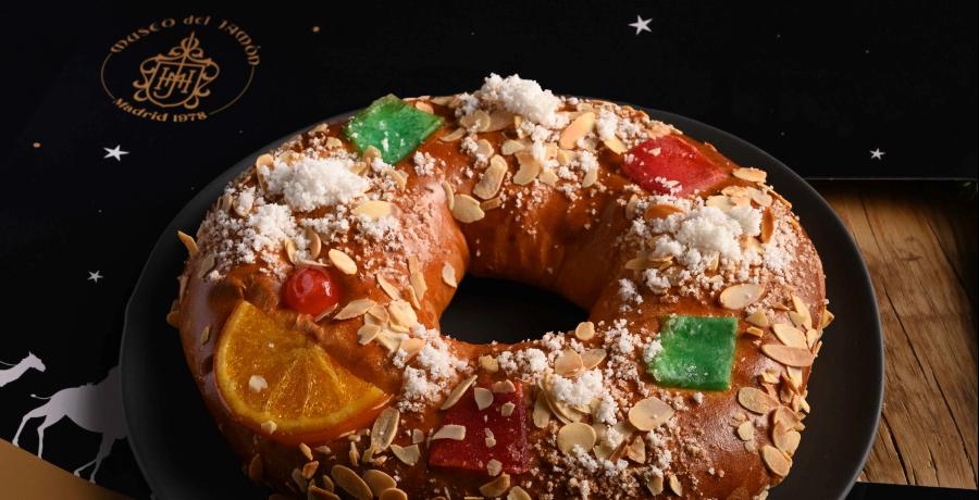 Cabalgata de Reyes Madrid 2025: roscón de Reyes del Museo del Jamón con fruta escarchada y almendra