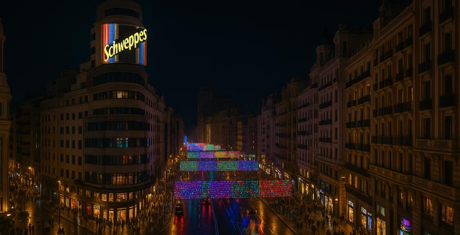 Luces Navidad Madrid 2025 en Gran Vía: vista nocturna desde Callao con arcos multicolor y ambiente festivo cerca del Museo del Jamón