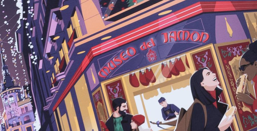 Planes Navidad Madrid 2025: fachada del Museo del Jamón con luces navideñas y gente disfrutando en el centro